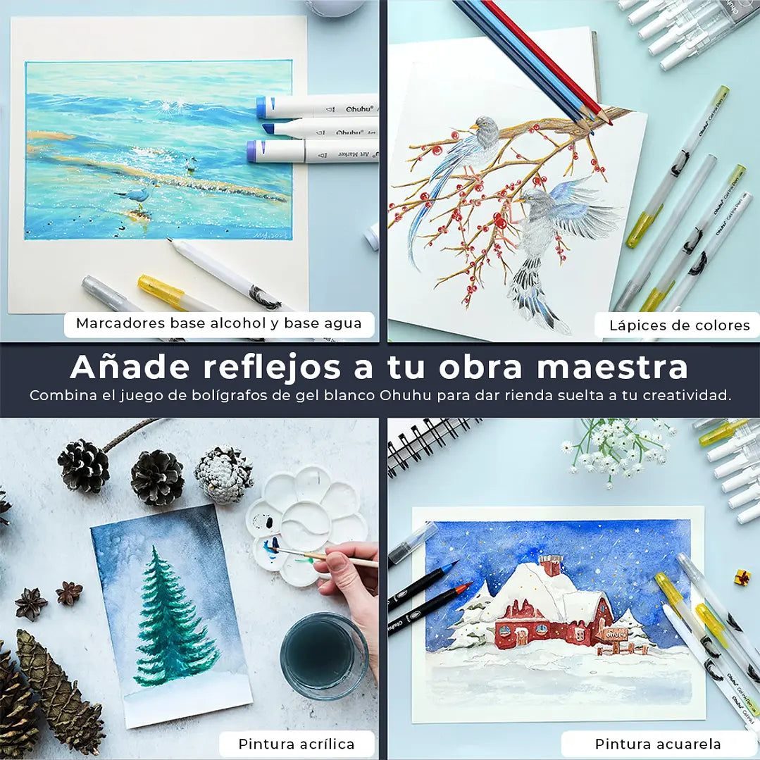 LEAHI 12 LÁPICES GEL DORADOS, PLATEADOS Y BLANCOS OHUHU