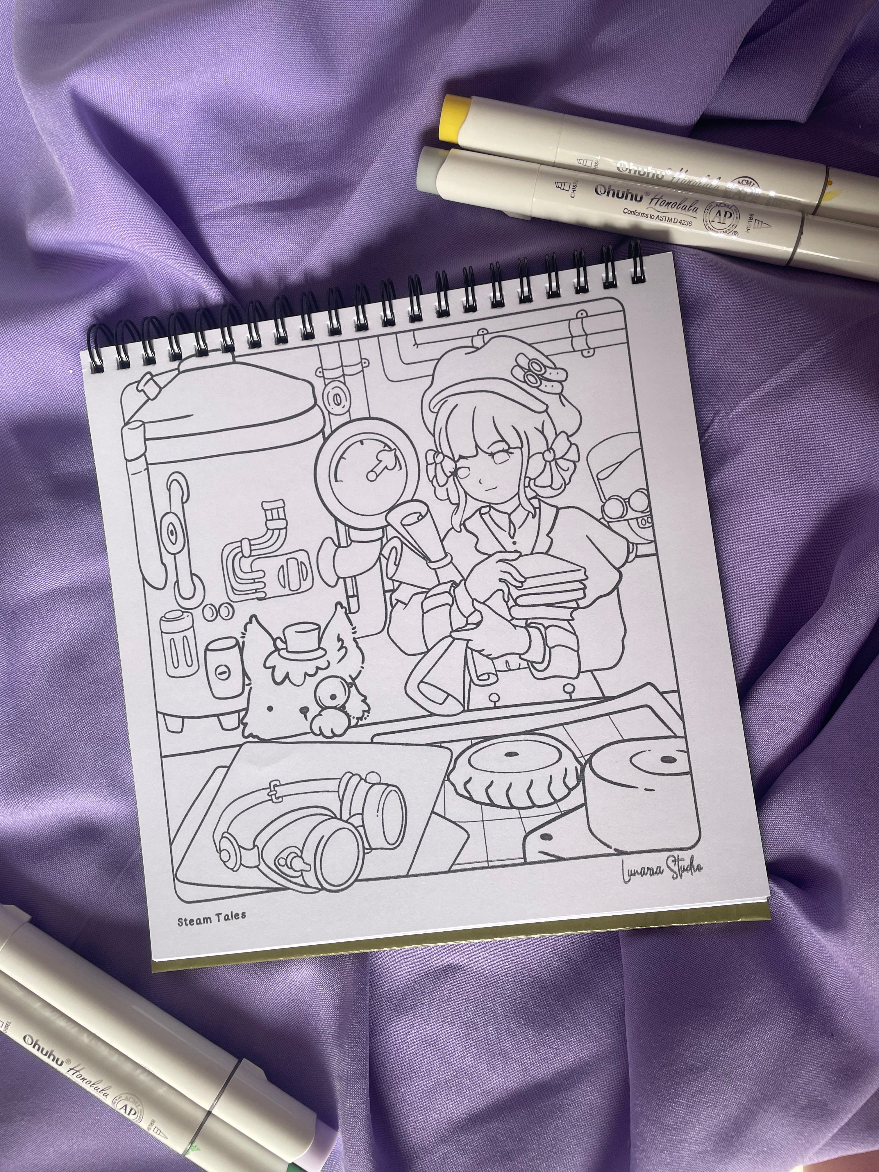 ⚙️💚 Steam Tales – Whimsical Steampunk Anime Coloring Book
